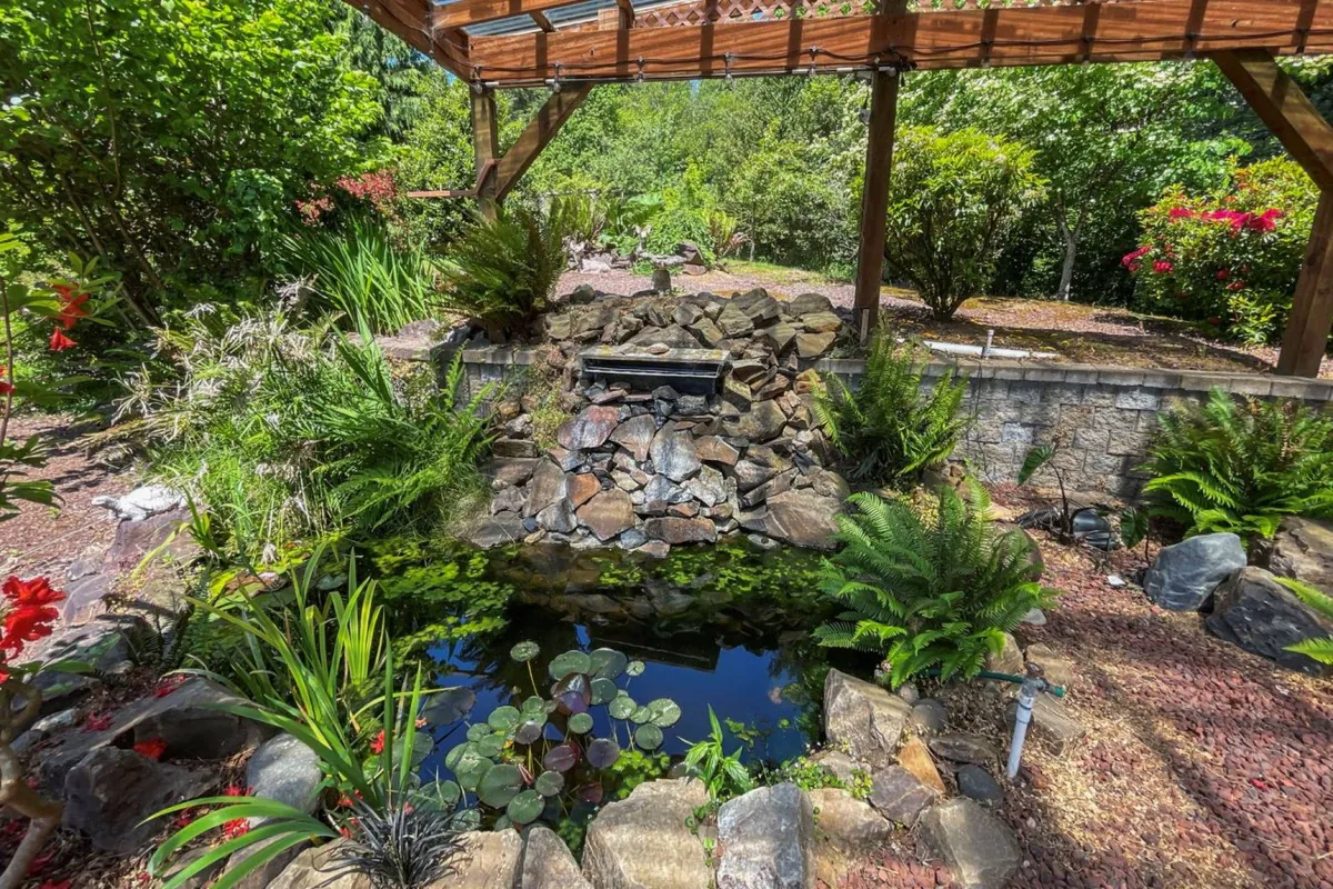 A tranquil pond bordered by lush greenery forms the centerpiece of this serene garden view. The water feature adds a sense of peaceful immersion in nature, perfect for quiet moments of relaxation or observing local wildlife.